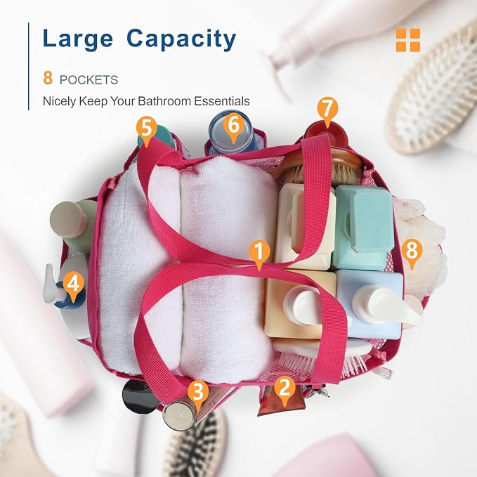 Mesh Shower Caddy Portable - 8 Pockets, S-Hook, Shower Bag for Dorm Camping | 2-Handle, Quick-Dry, Toiletry Organizer, College Dorm Room Essentials for Girls, Gym, Travel & Bathroom, Pink Flamingo