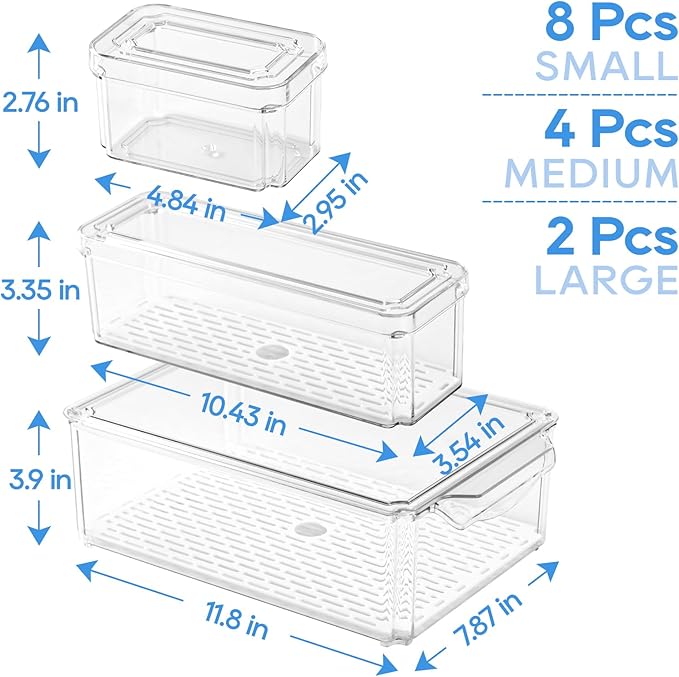 JollyPack Fridge Organizers, Refrigerator Organizer Bins with Lids, 14 Pack | BPA Free, Stackable Fruit Storage Containers, Great for Fridge, Vegetables, Food and Drinks
