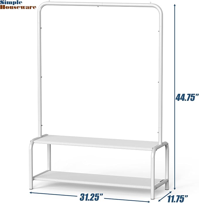 Simple Houseware Kids Freestanding Clothing Garment Rack with Shelf, White | With 600D Fabric Shelves & Hanger Stoppers