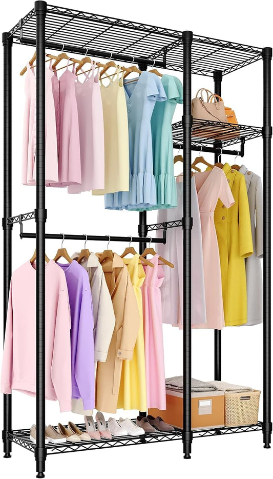 Heavy Duty Garment Rack 700LBS Load Clothes Rack for Hanging Clothes Wardrobe Closet with Adjustable Shelves & 2 Hanging Rods 43" D x 15" W × 76'' H Black