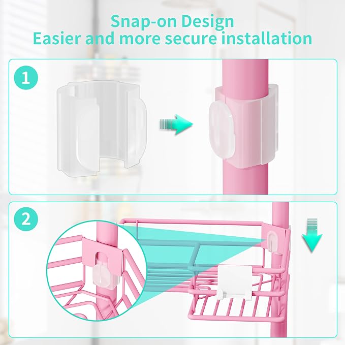 HapiRm Corner Shower Caddy Organizer - Shower Organizer Corner with Soap Holder, Toothbrush Holder and 4 Hooks, Rustproof Bathroom Shelf Tension Pole Available for 27.6 to 108.3 Inch - Pink