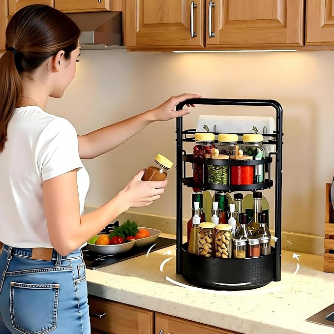 JEESA Rotating Spice Rack with Paper Towel Holder, Black | 2 Tier Lazy Susan, Sturdy Iron, Seasoning Organizer, Kitchen Countertop