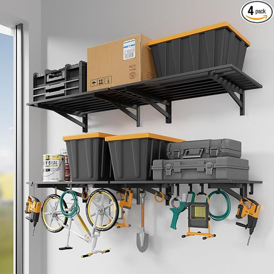 Jusgym 4-Pack 2x3ft Garage Shelving Wall Mounted, 2' x 3' Heavy Duty Garage Storage Shelves with Hooks, 1000LB Capacity