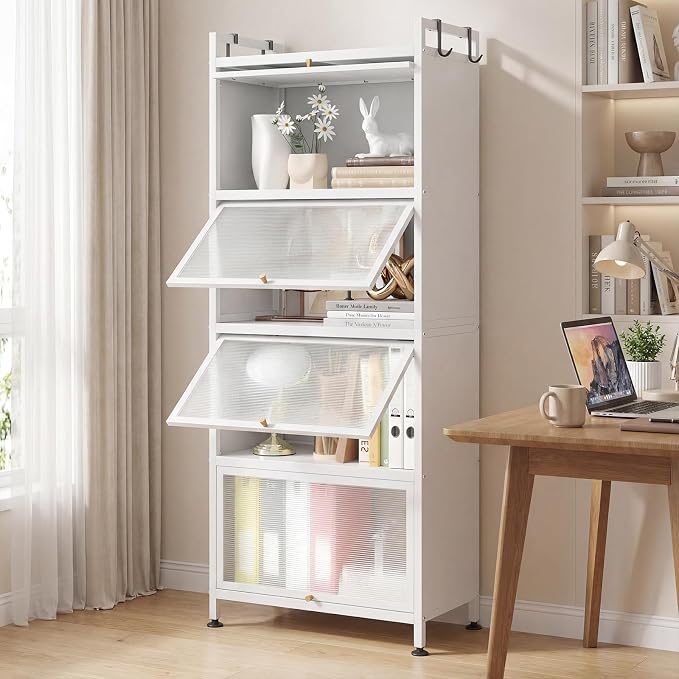 Giantex 5-Tier Kitchen Storage Cabinet, Freestanding Metal Pantry Cabinet w/ 4 Flip-up PC Doors, 4 Hooks & Adjustable Feet, 60” Tall Bakers Rack Microwave Stand for Dining Room, Living Room, White