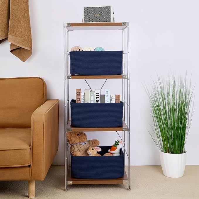 MiniArk Large Storage Baskets for Shelves, 17 x 13 x 7.5” Closet Organizers Bins for Clothes Blanket Towels, Baby Nursery, Toy Baskets Box, Woven Rope Baskets, 3 Packs Navy Blue