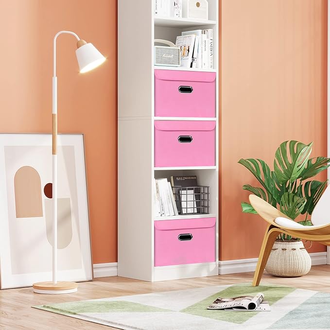 STOREONE Fabric Storage Cube Bins Foldable Organizer Container Collapsible Basket with Lids and Metal Handles, for Home, Bedroom, Closet 8 Pcs (Pink)