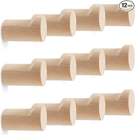 bsdonte 12 Pack Wood Wall Hooks, Natural Wooden Coat Hooks Wall Mounted, Handmade Rustic Hat Hooks Heavy Duty Entryway Wall Hangers for Hanging Towels, Clothes, Bags