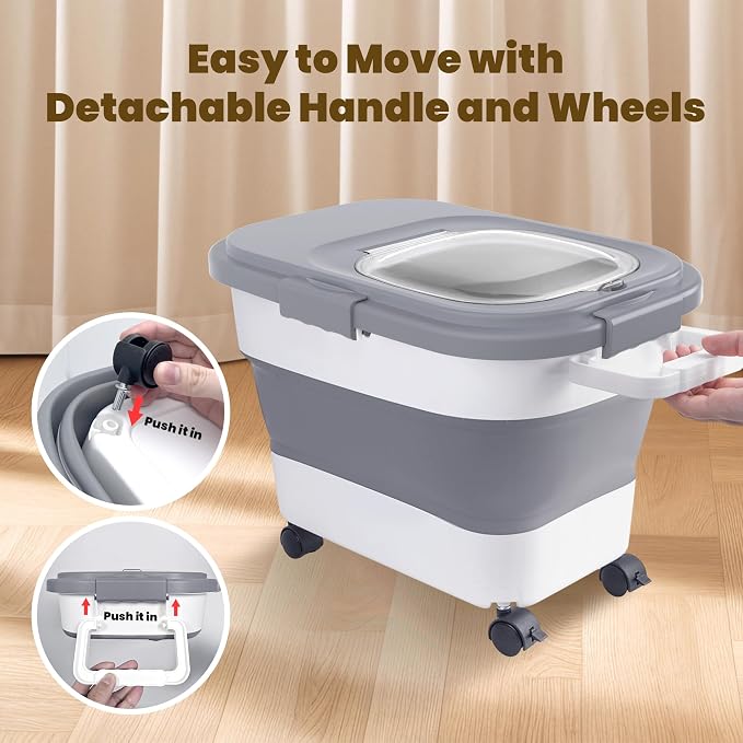 HOYTAMDA 20-30Lbs Collapsible Rice Container,Food Storage Containers Wheels | Rice Storage Container with Airtight Clear Lid,Handle,Small Bin &Scoop,Rice Dispenser for Flour Sugar Cereal Dog Cat Food