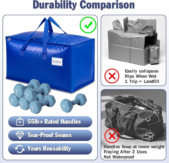 KYODOLED 4-Pack Extra Large Moving Bags, Lightweight Blue Storage Totes 24 Gal (27"x13"x15"), Heavy Duty 55lb Capacity PE Packing Bags for College Dorm, Closet Organization & Space Saving