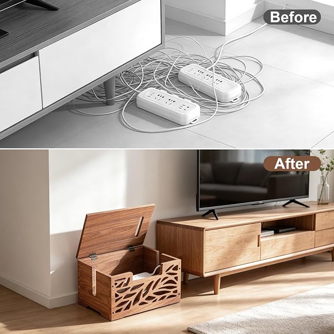 Wooden Cable Management Box, Large Cord Hider Box, Cord Box | Cable Organizer Box for Power Strips, Electrical Cords, Desk & Floor Cables Suitable for Home & Office