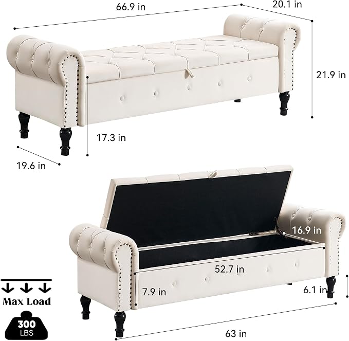 Storage Bench 67" Velvet End of Bed Benches Cream Beige | King Size Storage Bench for Bedroom with Rolled Arms Tufted Ottoman Benches Upholstered Bench for Living Room Entryway