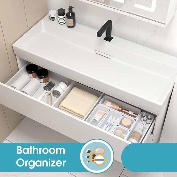 6 PCS Drawer Organizer Set, 3 Size Makeup Drawer Divider Organizer With Non-Slip Pads, Interlocking Plastic Storage Bins for Office,Jewelry Vanity,Gadgets, Bathroom,Kitchen, White