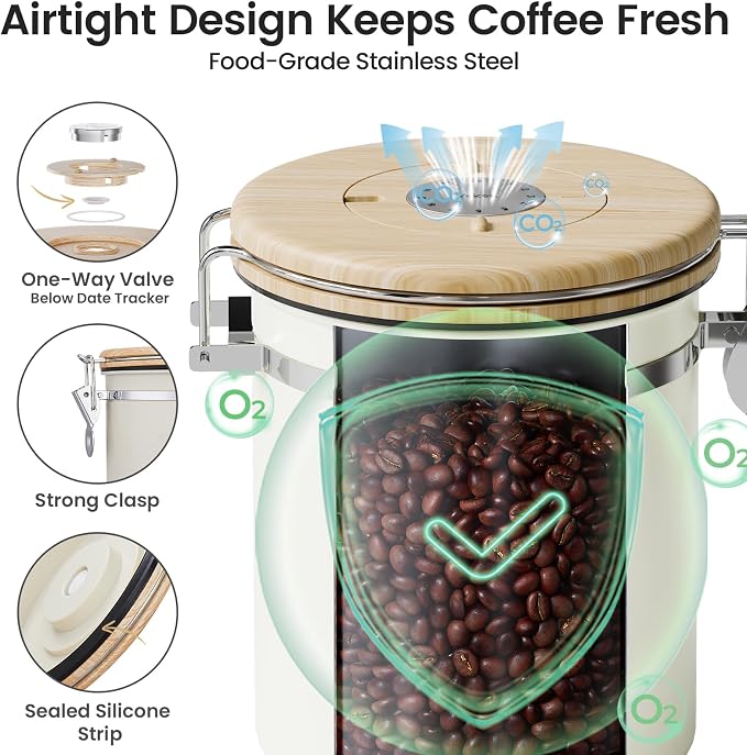 Veken Coffee Canister with Window, Airtight Stainless Steel Container, 16OZ | Date Tracker,Kitchen Food Storage Organizers for Beans, Ground, Espresso, Rice,Tea, Sugar,Cereal, Gifts,Lids,Jars,Scoop,Cream