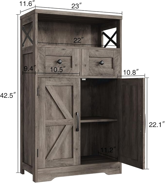 Farmhouse Storage Cabinet Set of 2, Small Kitchen Pantry Coffee Bar Cabinet | Accent Buffet Cabinet Cupboard, 2 Drawers, Barn Doors & Adjustable Shelves, for Kitchen/Entryway/Bathroom, Rustic Gray