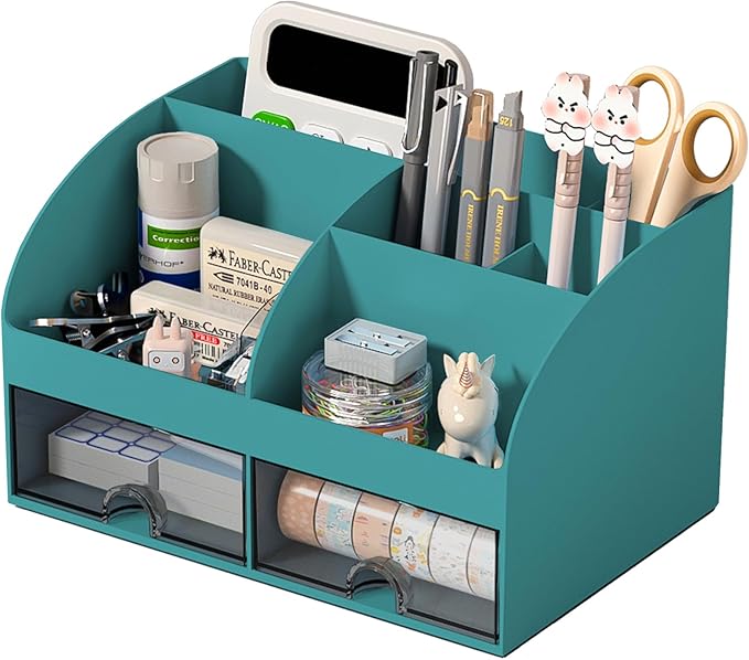 COMFYROOM Desk Organizer with 6 Compartments and 2 Drawers, Plastic Makeup Organizer, Pen Holder for Desktop Storage, Desk Organization for School, Home, Office Supplies (Dark Green)