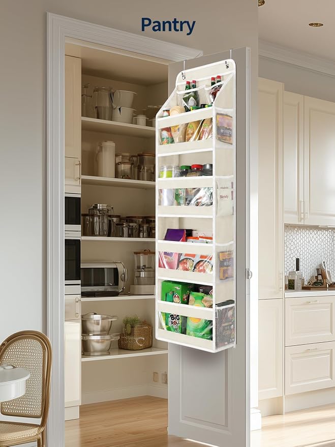 Yecaye 5 Tier Over the Door Organizer, Swing-proof Door Organizer Hanging with Clear PVC Windows, Behind the Door Storage for Bedroom Nursery Closet Laundry Pantry Bathroom, Cream White
