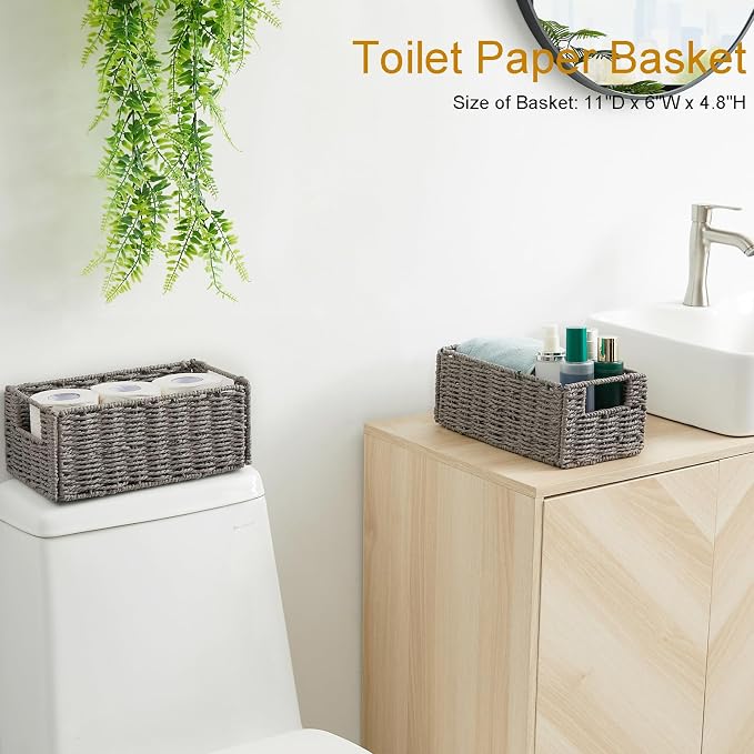 Vagusicc Wicker Storage Basket, Set of 2 Hand-Woven Paper Rope Wicker Basket, Small Storage Baskets for Organizing Toilet Paper Basket, Foldable Large Cube Storage Organizer Bins for Shelves (Grey)
