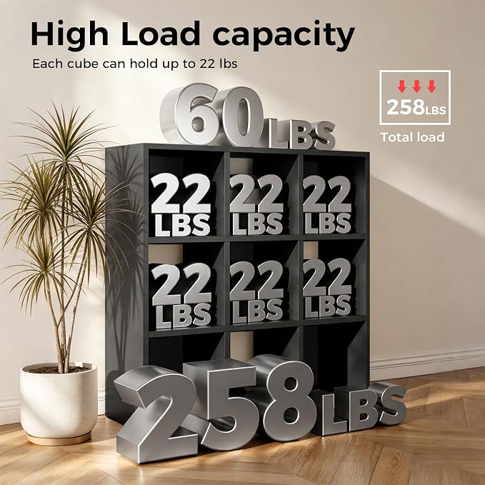 LUCKLIFE 9-Cube Storage Organizer, Stackable Modular Bookcase Shelf with Vertical or Horizontal Use, Fits 11×11" Bins, Optional Back Panels, for Living Room, Office, Black