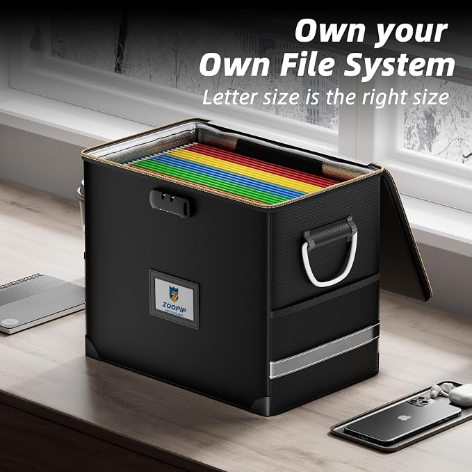 Fireproof File Organizer with Lock, Hard Safe Document Box, Black | Includes 10 Hanging File Folders for Letter Size, Filing Cabinet with Fireproof Zippers & Threads, 0.58 Cubic Feet