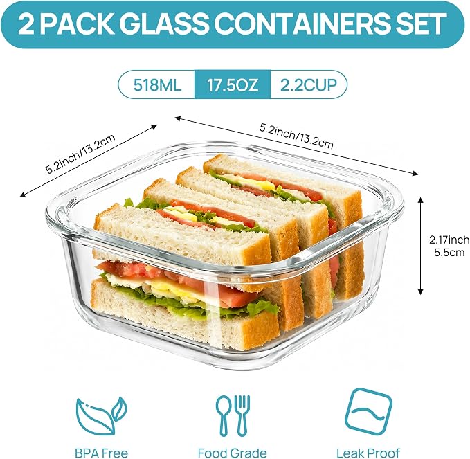 Vtopmart 2Pack 17.5oz Glass Meal Prep Food Container Sets with Lids | Glass Storage Containers with Snap Airtight Lids for Microwave, Oven, Freezer and Dishwasher, BPA Free