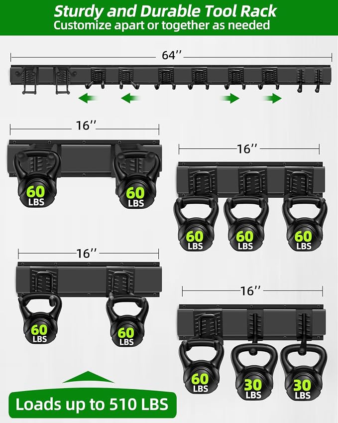 PIYILO 64 in Garage Tool Organizer Wall Mount, Adjustable Tool Storage Rack | Heavy-duty 510 LBS, 10 Hooks in 4 Types, Wear & Tear Resistant, Soft Anti-Scratch Hook Sleeves, For Yard Tools, Shovels, Shed