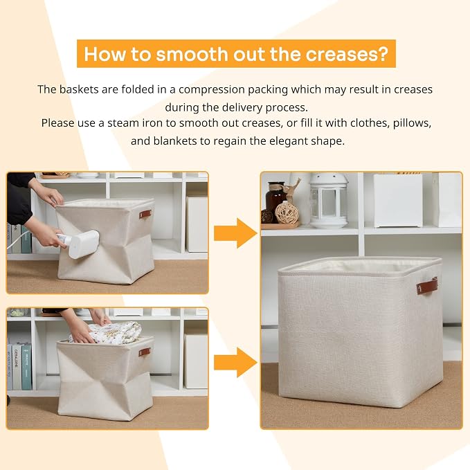 DULLEMELO Storage Bins, 4 Pack Of 13x13x13 Decorative Storage Cube Bins Suit Office, Home, Shelves And Closet, Cube Storage Bin with Leather handle(4 Pack - 13" Beige)