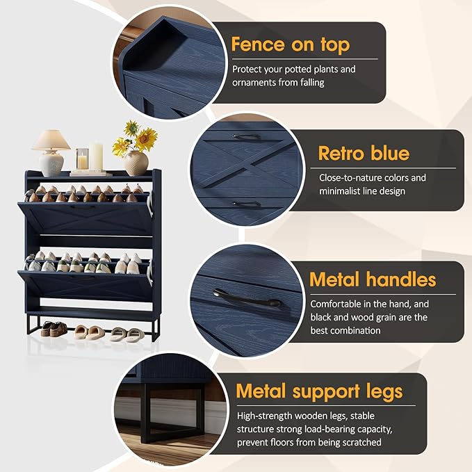 Maupvit Shoe Storage Cabinet with 2 Flip Drawers, Freestanding Shoe Organizer with Metal Legs for Entryway, Narrow Shoe Rack Cabinet, Blue