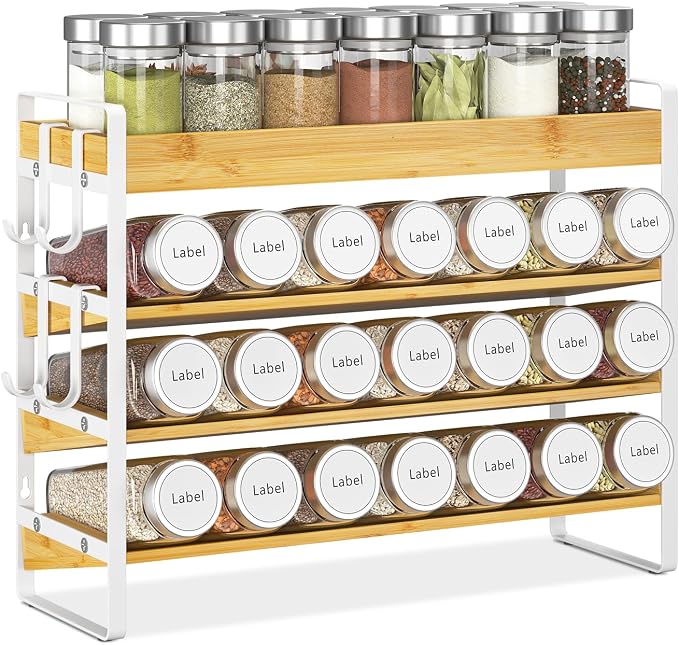 EsLuker.ly Spice Seasoning Rack Organizer Kitchen Countertop, 4 Tier Bamboo | Shelf Holder Storage with 4 Hooks, Wall Mounted Freestanding Stand for Pantry, Quick Spice Access(Jars Not Included), White