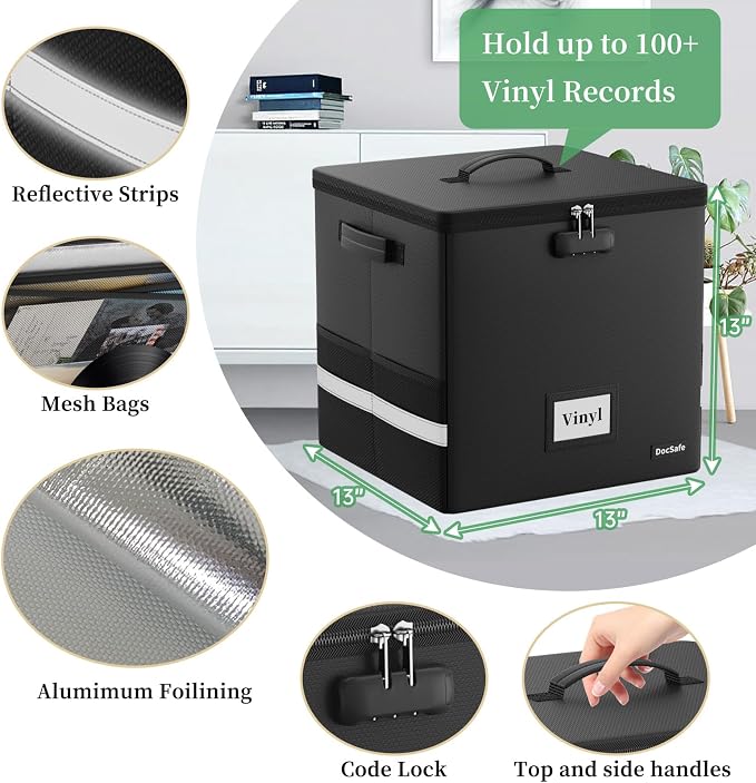 DocSafe Vinyl Record Storage Box with Lock, Fireproof Heat Insulated 5200°F Record Organizer Storage for 100+ Single Records(12-inch), Collapsible Storage Crate with Handles Safe for Home Travel