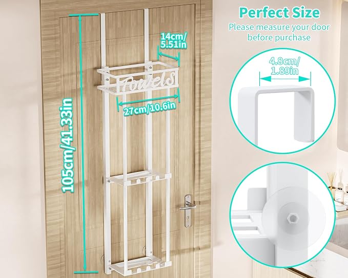 HapiRm Towel Rack Bathroom Storage - 3 Tier Over The Door & Wall Mounted Rolled Towel Racks Holder Organizer with Metal Shelf and 6 Hooks for Small Bathroom, Camper, Rv - White