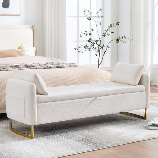 65" Storage Ottoman Bench, Storage Bench for Bedroom, End of Bed Storage Bench with Tufted Upholstered and Gold Legs, Bedroom Benches with Arms Window and Entryway, Chenille Cream