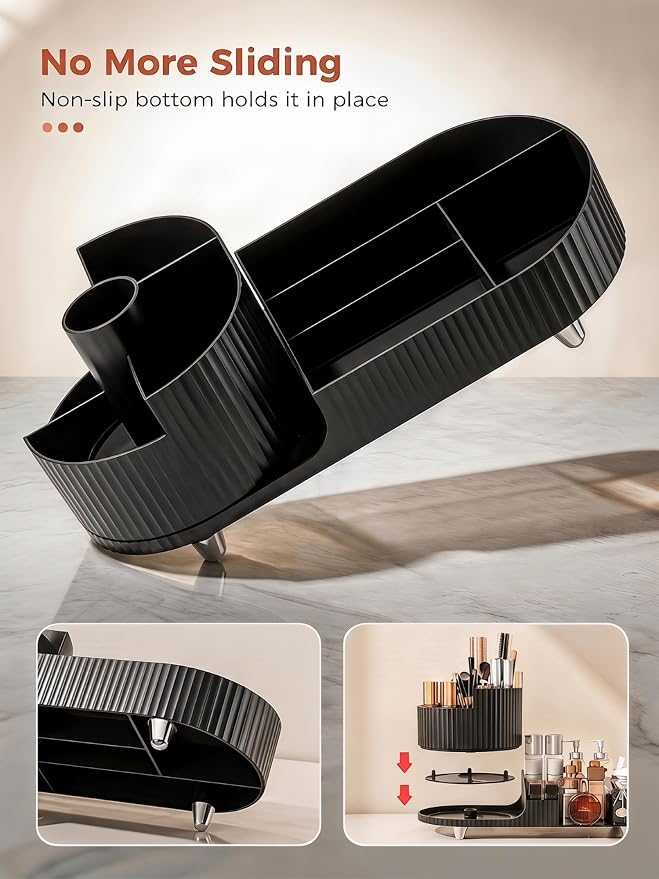 Booklov Rotating Makeup Organizer for Vanity Countertop, Black | Plastic Cosmetic Display Case, Large Beauty Brush Holder for Bathroom Counter, Skin Care Perfumes Storage
