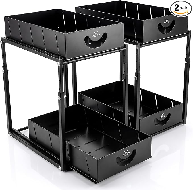 Adjustable Under Sink Organizer, 2 Tier Under Sink Organizers and Storage,Slide Out Metal Cabinet Organizers, Pull Out Cabinet Storage Drawer Shelf for Kitchen Bathroom (2, black)