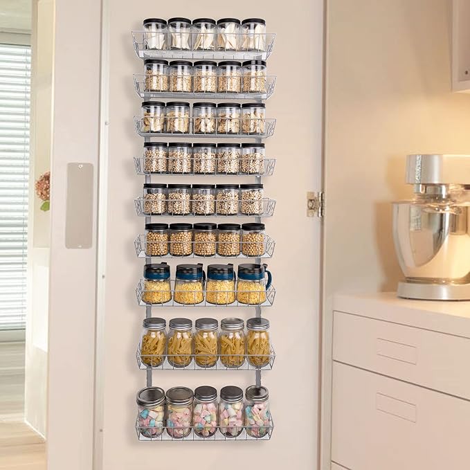 SWOMMOLY Wall Mount Spice Rack Organizer, 9-Tier Adjustable Dual-Use Shelf | Hanging Spice Rack Organizer, Kitchen Pantry Cabinet Storage Holder for Spices, Mason Jars, Bottles & Cans, Silver