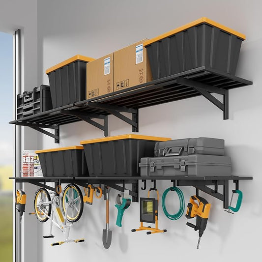Jusgym 4 Pack Garage Shelving Wall Mounted with 16 Hooks, 1.5x4ft, 1000lbs | Heavy Duty Garage Wall Shelving, 7-Bar Square Tube, Metal Floating Shelves, Industrial Storage Rack for Bins, Tools, Bikes