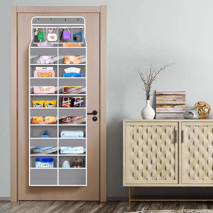 Univivi Upgraded Over the Door Organizer for Baby Nursery, Grey, 6-Shelf | Fabric Door Organizer with Clear Window Deep Pockets, Over Door Hanging Organizer for Baby Essential, Bedroom, and Dorm