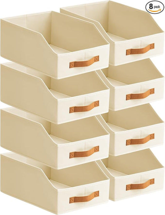 Fabric Storage Bins for Organizing - 8 Pack Large Trapezoid Collapsible Storage Bins with Front Handle, Closet Organizers and Storage for Bedroom, Home Shelves, Small Spaces, Beige