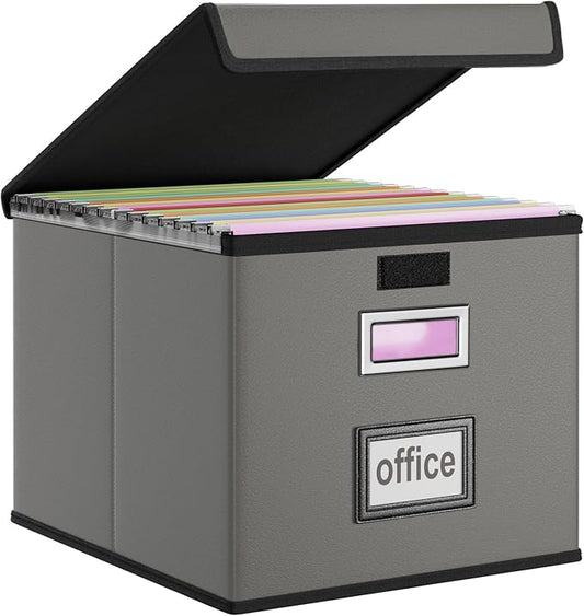 File Organizer Box with Lids, Collapsible File Folder Organizer | File Box with Plastic Slides for Document, Filing Bin for Letter Size Hanging File Folders (1 Pack, Dark Gray, Leather)