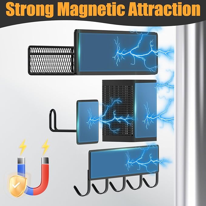 Magnetic Spice Rack for Refrigerator, 10 Pack 100% Metal Strong Magnet Shelf, Moveable Spice Organizer W/ Adjustable Paper Towel Holder, Hook Rack & Utensil Caddy, Home Kitchen Laundry Storage, Black