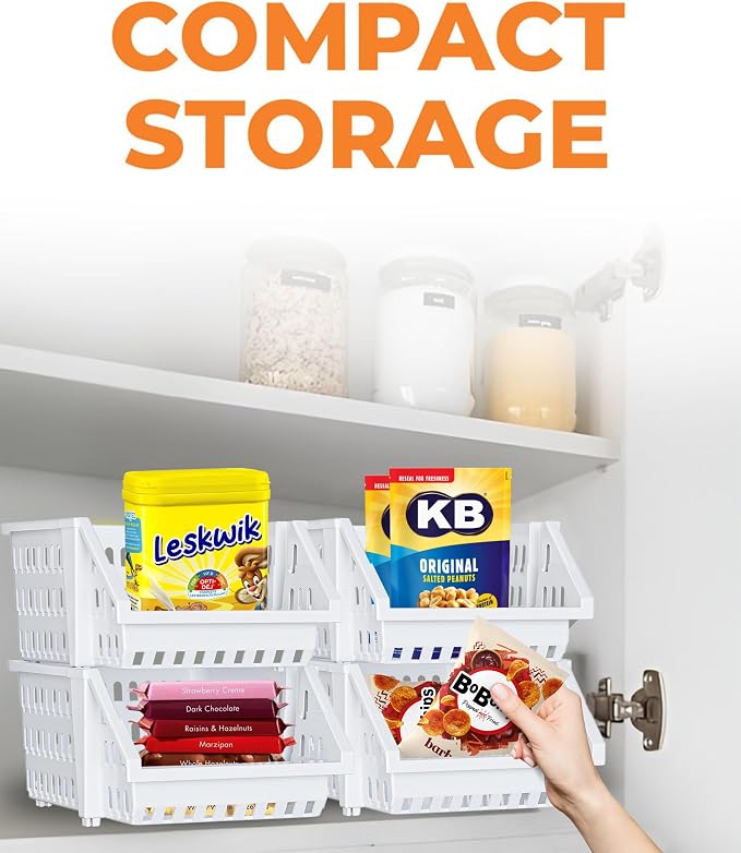 Small Stackable Storage Bins Open Front for Pantry Storage, 8 Pack - White | Sturdy Plastic, Easy Stacking, Open Front Access, Ventilated Sides, Vertical & Space Saving Pantry Organizers and Storage Bin