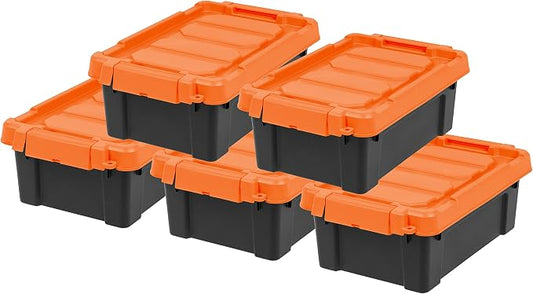 IRIS USA 5-Pack 3 Gal Heavy Duty Lockable Storage Totes with lids, Orange | Built for tools, hardware, emergency supplies and small equipment, Stackable design keeps spaces organized