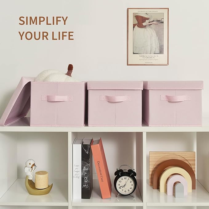 GRANNY SAYS Storage Bins Fabric, Storage Bins with Lids, Collapsible Storage Box Closet Shelf, Decorative Storage Baskets for Organizing Bedroom Dorm Nursery, Pink, Medium, 3-Pack