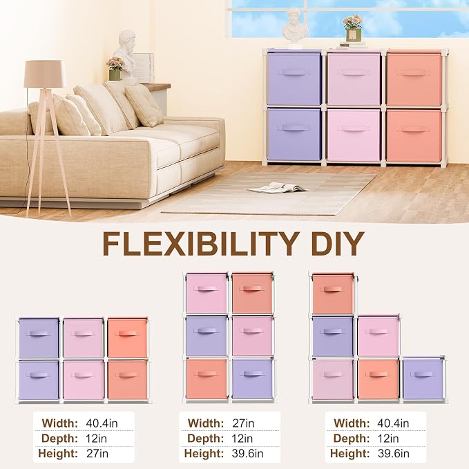Briwooody 6 Cube Storage Organizer Storage Bins Shelf,Pink,Purple,Orange