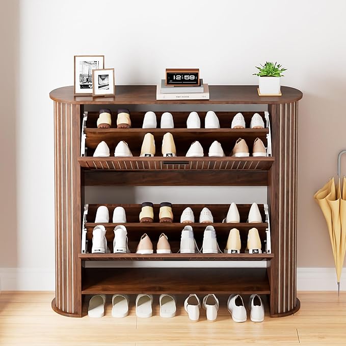 Narrow Shoe Storage Cabinet for Entryway, Slim Fluted Shoe Cabinet with 2 Flip Drawers, Wood Hidden Shoe Rack Organizer for Entry Way, Entrance, Foyer, Hallway, Walnut, Wooden, Thin