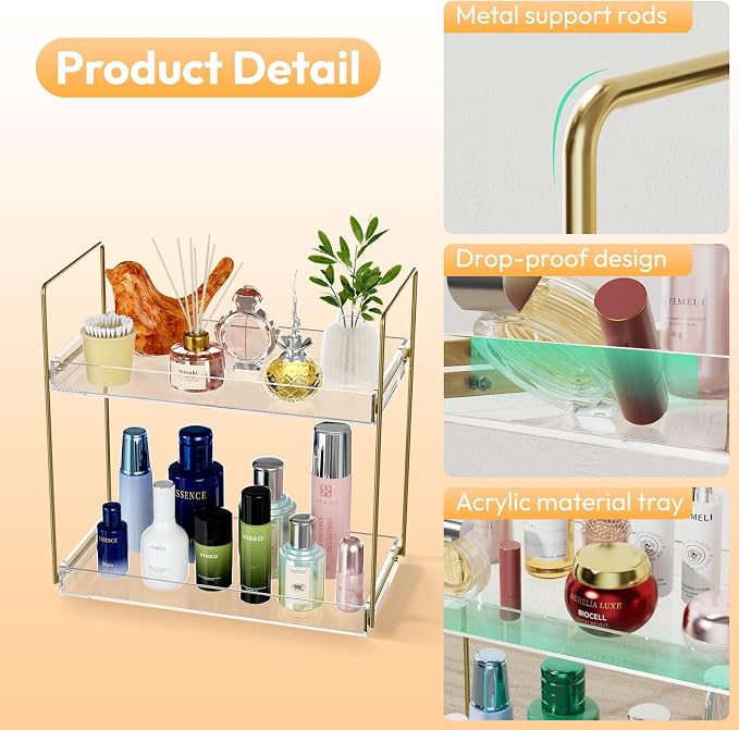 NPPLUS 2 Tier Bathroom Counter Organizer Gold Acrylic Tray Vanity | Kitchen Under Sink Standing Rack, Home Storage Holder for Lotion Makeup Cosmetics Perfume Spice