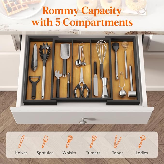 Lifewit Utensil Organizer for Kitchen Drawer, Expandable Cooking Utensil Tray, Cutlery Silverware Flatware Holder, Wood Adjustable Spatula Tools Storage Divider, 33 -56x38cm, Natural and Black