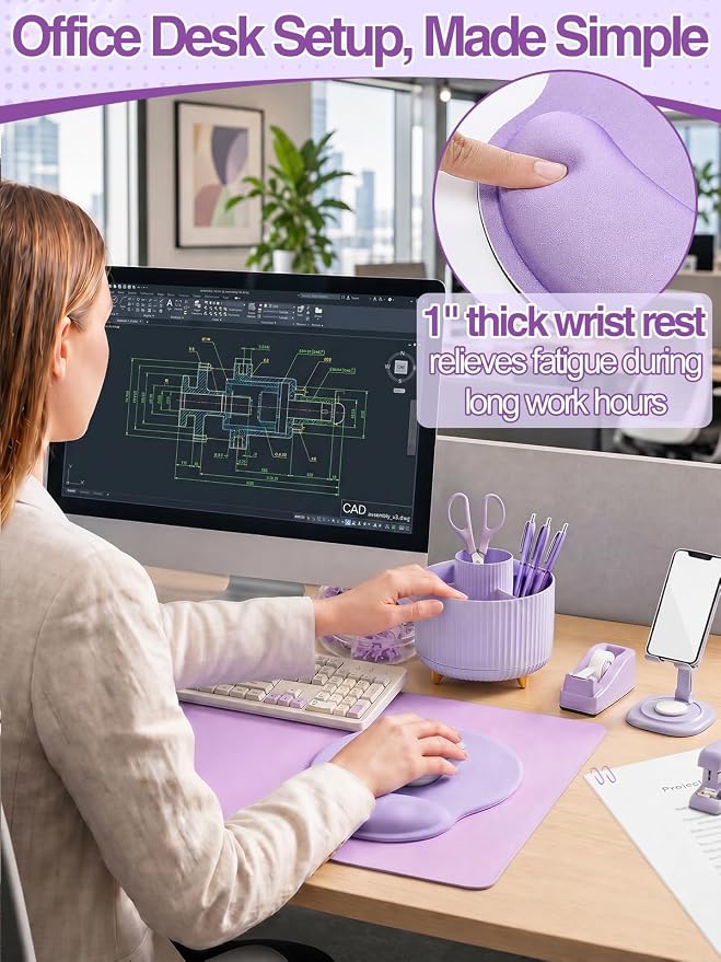 76Pcs Purple Desk Accessories Set, Office School Supplies for Women Girls | Cute 360° Rotating Pen Holder for Desk/Mat/Wrist Rest Mouse Pad/Phone Stand and More, for College Teacher Back to School