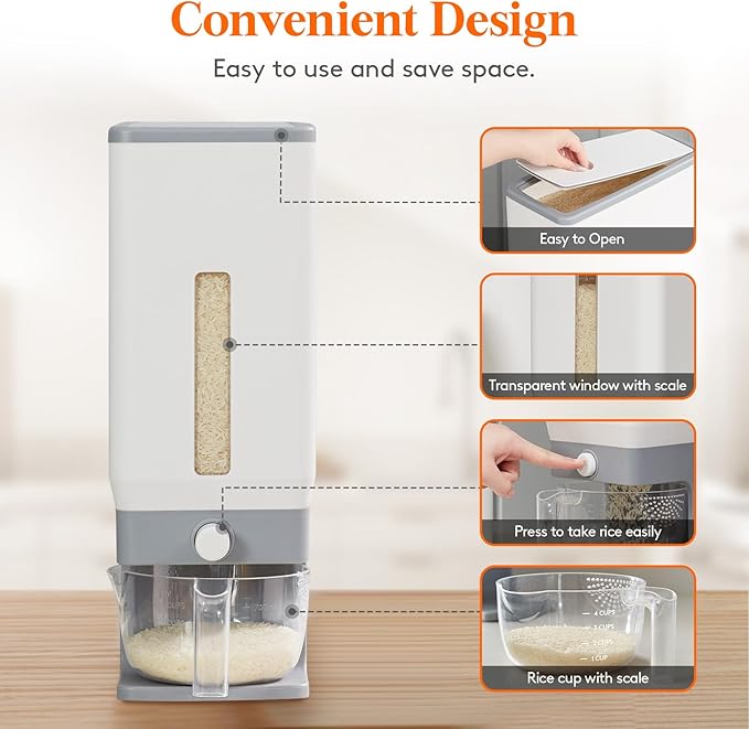Lifewit Rice Dispenser 25 Lbs(11.3kg), Rice Storage Container Sealed Moisture Proof with Measuring Cup for Kitchen Pantry Household, BPA-Free, 1 Pack Grey