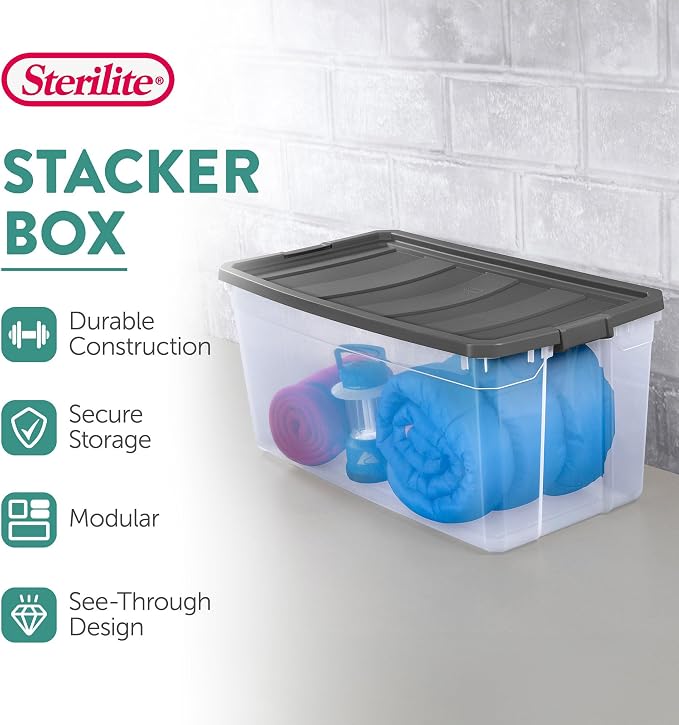 Sterilite 6-Pack Modular Stacker Box, Durable Clear Plastic Storage Bins with Latching Lids, 200 Quart - Stackable Organizing Container Boxes for Closet, Bathroom, and Office