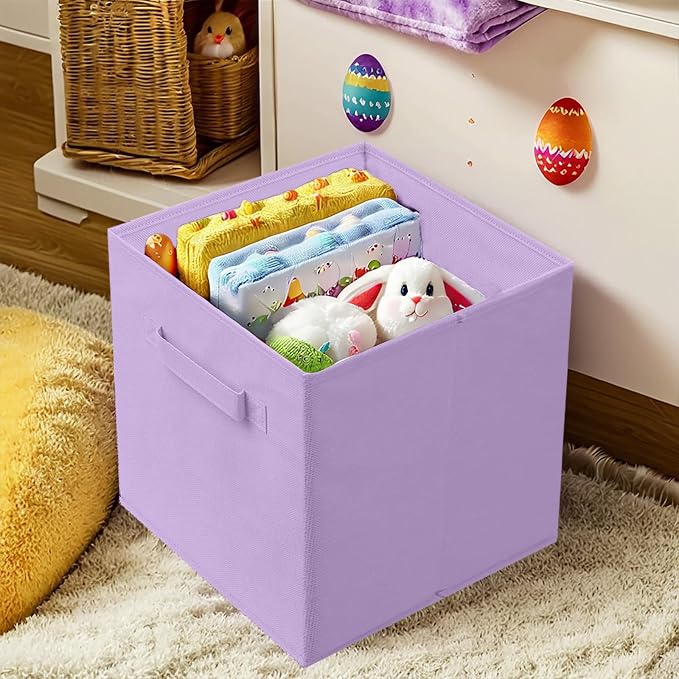 PowerKing Collapsible Storage Cubes, Farbic Storage Bins, Purple, 2 Pack | Sturdy, Lightweight, Easy Pull Handle, Closet & Shelf Organizer, Clothes and Toys Storage, 10.5'' x 11'' x 10.5''